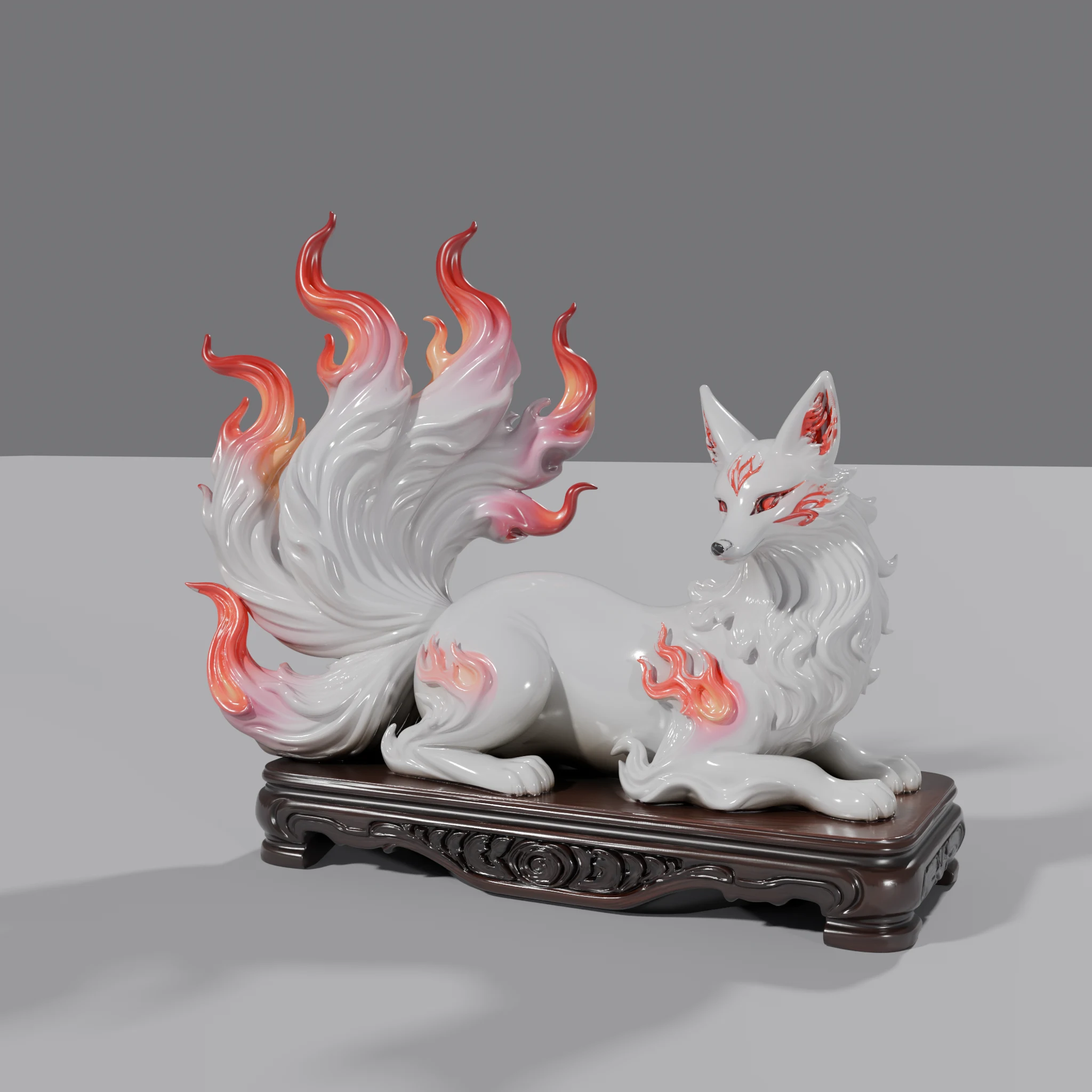 Nine-Tailed Fox Statue with Flame Accents